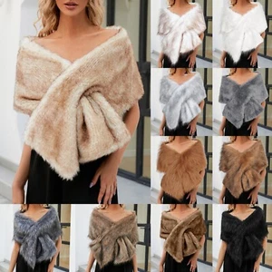 Women Long Faux Fur Shawl Bridal Stole Cover Up Winter Soft Bolero Scarf Poncho - Picture 1 of 51