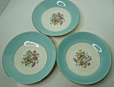 3 VTG Cunningham & Pickett 8 1/4" Cereal Soup Bowls DANUBE Blue Floral Pink Rose - Image 1 of 4