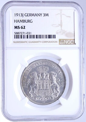 1911 J GERMANY German States HAMBURG w Lions Silver 3 Mark Coin NGC i118668 - Image 1 of 4