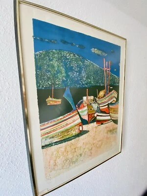 Kunstdruck Original René Gedis signiert 39/80 Gerahmt Boote  - Bild 1 von 4