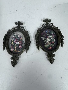 2 Vtg Ornate Metal Oval Picture Frames Italy MCM Rococo Floral 4x6 Victorian BH - Picture 1 of 5