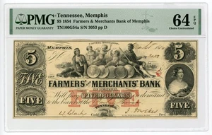 1854 $5 The Farmers and Merchants Bank of Memphis, TENNESSEE Note - PMG 64 EPQ - Picture 1 of 2