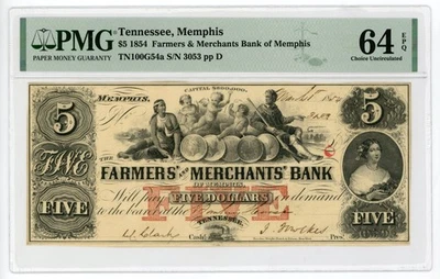 1854 $5 The Farmers and Merchants Bank of Memphis, TENNESSEE Note - PMG 64 EPQ - Image 1 of 2