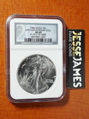 1988 $1 AMERICAN SILVER EAGLE NGC MS69 '20TH ANNIVERSARY COLL' BLACK LABEL - Image 1 of 2