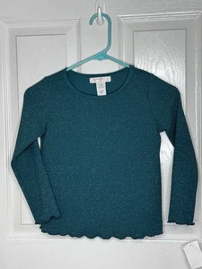 Moa Moa Metallic Knit Top Girls Size 6 Teal Long Sleeve Lettuce Hem Shirt - Picture 1 of 4