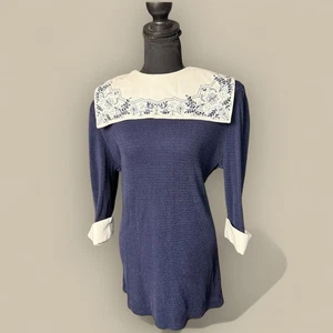 Vtg 80s Women Navy Blue Sailor Square Collar Mini Dress Embroidered Medium Diana - Picture 1 of 5