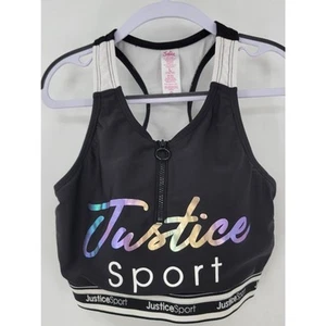 Justice Sport Girls L 12-14 Bikini Top Logo Athletic Top BLACK Zip Front - Picture 1 of 6