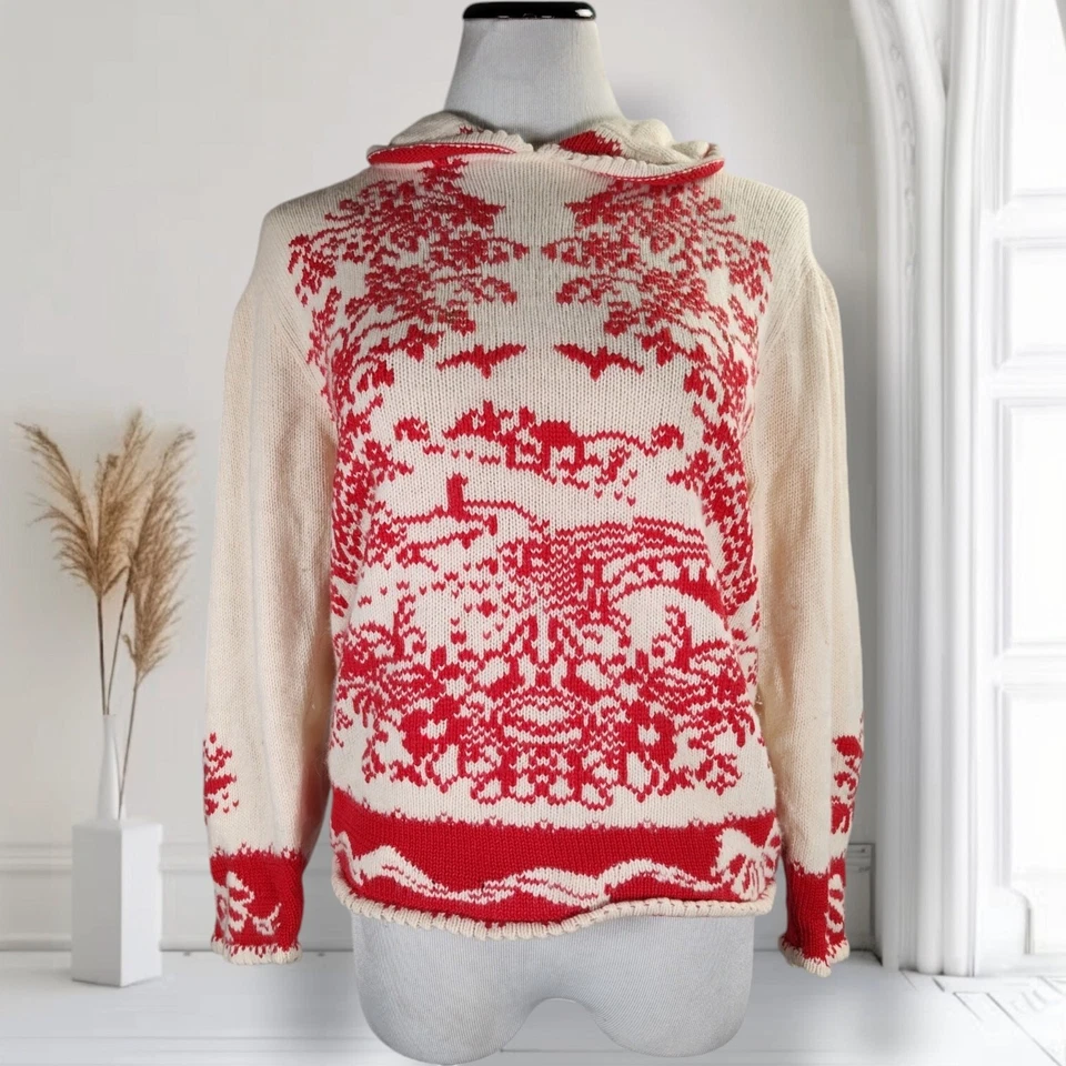 Suéter Tejido Invierno Pastoral Años 80 De Colección Rojo Marfil Gráfico Escena Lana Angora S Foto 1 de 4