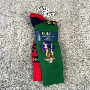 Polo Ralph Lauren 2-Pairs Sun Valley Bear Dress Socks Size 6-12.5 Men Green Red - Picture 1 of 4
