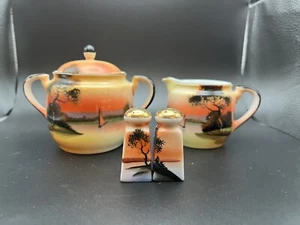 Noritake Hanpainted Sunset Sailboat Cream & Sugar & Salt & Pepper Vintage  - Picture 1 of 8