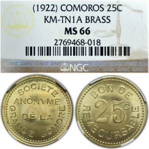 COMOROS 25 Centimes Token ND(1922) Brass NGC MS66 'Anonymous Society' - Picture 1 of 3