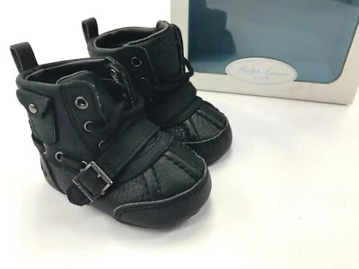 Nuevo Recién Nacido Ralph Lauren Polo Hamlin Negro Botas de Cuero Fondo Suave. Foto 1 de 4