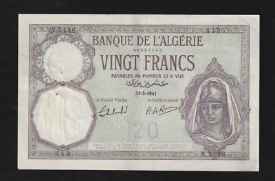 Algeria, 20 Francs, 1941, P-78, AUNC Banknote - Image 1 of 2