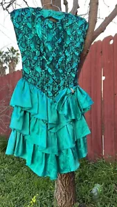Vintage 80s 90s Zum Zum Prom Dress Turquoise Ruffle Sequin Lace Bow Hoco Shiny - Picture 1 of 21