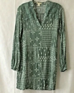 Miami Brand Damen XS grün weiß kragenlos V-Ausschnitt BoHo Tunika Oberteil Langarm - Bild 1 von 12
