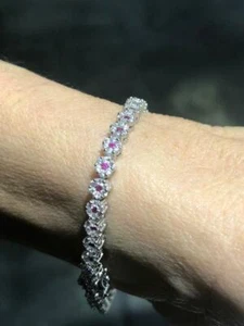Pulsera de tenis pila de halo con flor de zafiro rojo y blanco platino plata esterlina rojo y blanco - Imagen 1 de 12