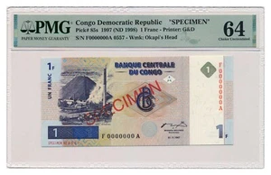 CONGO banknote 1 Franc 1997 Specimen PMG MS 64 Choice Uncirculated - Picture 1 of 7