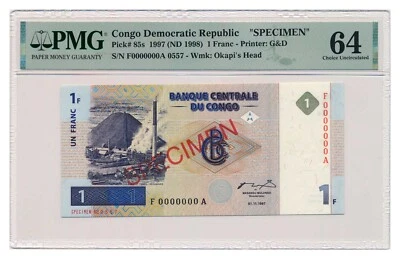 CONGO banknote 1 Franc 1997 Specimen PMG MS 64 Choice Uncirculated - Image 1 of 4