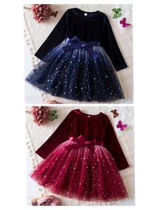 3-8Yrs Solid Xmas Dress Long Sleeve o Neck Birthday Wedding Partywear Outfit - Picture 1 of 9