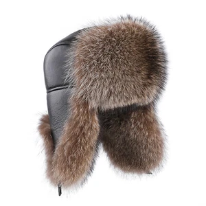 Men's Winter Raccoon Fur Leather Trapper Hat Russian Ushanka Earflap Aviator Cap - Picture 1 of 8