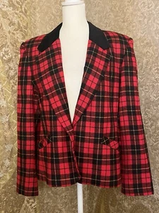 Vtg. Alfred Dunner Blazer Plaid Red Black Tartan Wool Blend Velvet Collar Sz. 10 - Picture 1 of 15