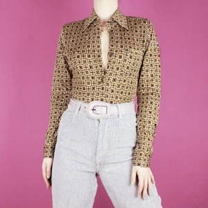 vintage 1980s retro pattern blouse geometric womens beige 90s shirt top xs 8 - Picture 1 of 10