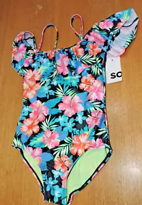 SO BRAND FLORAL SWIM 1-PIECE BATHING SUIT GIRLS SIZE 12 NWT OFF SHOULDER RUFFLE - Picture 1 of 3