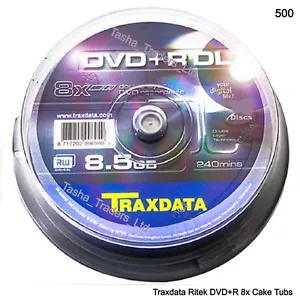 500 Traxdata Ritek DVD+R Double 8x Logo 8.5GB 240min Dual Layer Blank Cake Tubs - Picture 1 of 24
