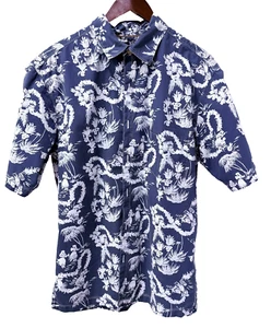 Vintage Kahala 1936 Navy Hula Girl Lei Palm Tree Print Aloha Hawaiihemd Herren L - Bild 1 von 14
