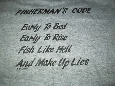 Camiseta 1987 De Colección Años 80 Tri Mezcla Fishermans Code Early to Bed Rise Fish Like Hell Foto 1 de 4