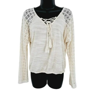 Top campesino con cordones Anthropologie Meadow Rue S crema ganchillo agotado manga larga - Imagen 1 de 12