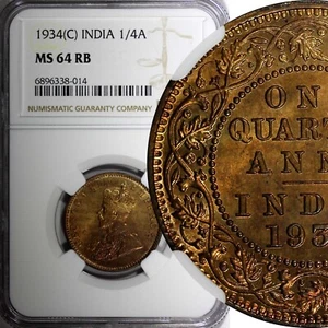 India-British George V Bronze 1934 (C) 1/4 Anna NGC MS64 RB NICE RED KM# 512 (4) - Picture 1 of 5