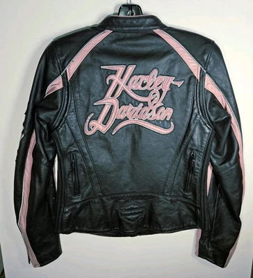 Chaqueta de montar Harley Davidson de cuero rosa negro para mujer, talla XS excelente Foto 1 de 4