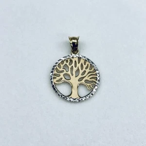 10k Yellow Gold Tree Of Life Diamond Cut Halo 2 Tone Round Pendant Charm Turkey - Picture 1 of 4