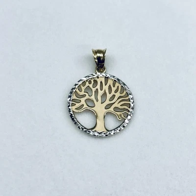 10k Yellow Gold Tree Of Life Diamond Cut Halo 2 Tone Round Pendant Charm Turkey - Image 1 of 4