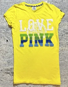 PINK Victorias Secret XSmall Yellow/Felt Logo T-Shirt - Picture 1 of 3