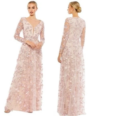 NWT Mac Duggal Pink Floral Applique Long Sleeve Illusion Gown Size 8 retail $398 - Image 1 of 4