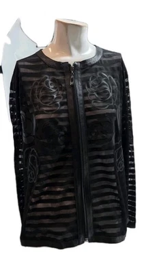 Overland Women's Jacket Large Black Floral Leather Trim Mesh Full Zip - Image 1 of 4