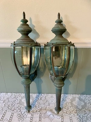Vintage Pair of Green Patina Beveled Glass Outdoor Wall Electric Lamps Fixture - Image 1 of 4