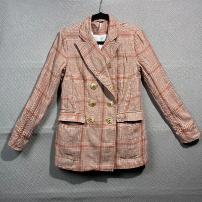 Free People Blazer Womens  XS Emily Plaid Yarn Dyed Double Breasted No Belt - Image 1 of 4
