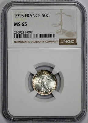 1915 France Silver 50 Centimes NGC MS 65 Olive Green Rim Toning - Image 1 of 4