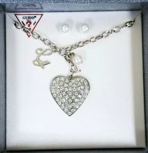 NEW GUESS SET SILVER CHAIN NECKLACE WITH PAVE HEART CHARM+WHITE PEARL EARRINGS - Picture 1 of 3