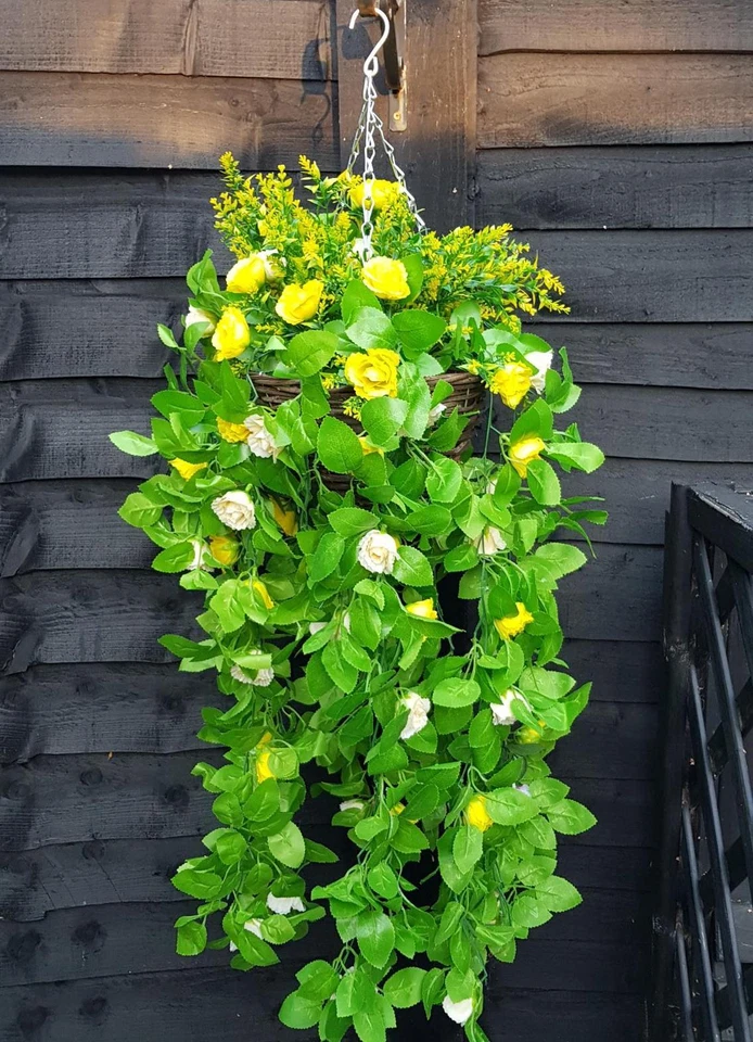 HANDCRAFTED Artificial Hanging Basket Rose Trailing Flowers Ivy Leaf Fern Foliage Greenery