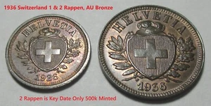 1936 Switzerland Swiss AU 1 & 2 Rappen KM 3 & 4.2a, Low Mintage 500k on 2 Rappen - Picture 1 of 7