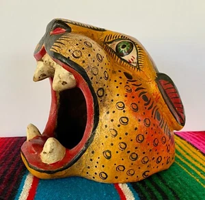 Mexikanische Volkskunst geschnitzter Holz Jaguar Leopard Katzenkopf Löwe Gesichtsmaske Guerrero 8 Zoll - Bild 1 von 12