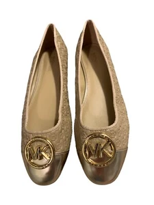 Michael Kors MK logo embossed ballet flat shoes beige gold New size 6.5 - Picture 1 of 9
