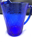H. ATLAS  COBALT BLUE GLASS STRAIGHT SIDE ROYAL LACE PITCHER-ICE CATCHER LIP