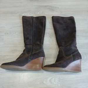 Ann Taylor Loft Brown Suede Leather Knee High Boots Wedge Heel - Sz 8 M - Picture 1 of 12
