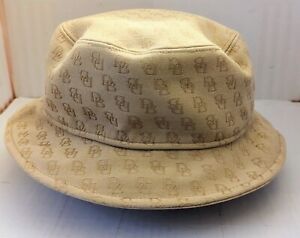 Vintage Dooney and Bourke Bucket Hat Tan DB Signature Logo All-over Print Italy!