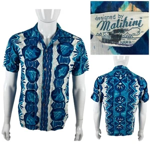Malihini Mens Small Hawaiian Shirt Button Front Blue Fish Tropical Vintage - Picture 1 of 11